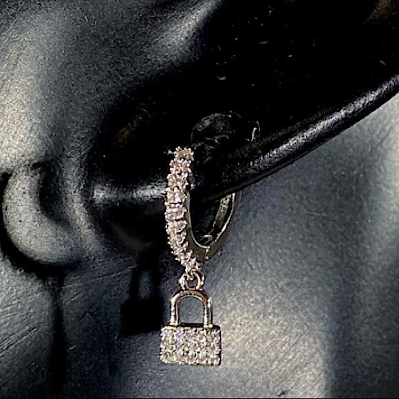 Sterling Silver Zircon Lock Minimalist Earrings - Picture 3 of 3